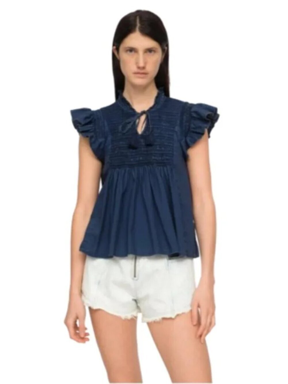 Sea NY Simona Top Shirt Womens XS Navy Blue V-Neck Smocked Cotton Tassels